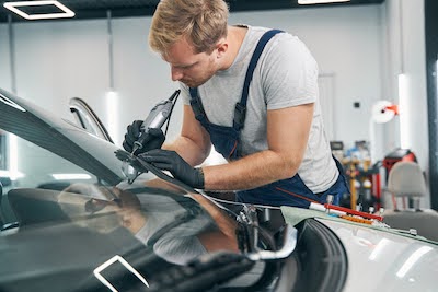 auto glass technician repairing a cracked windshield